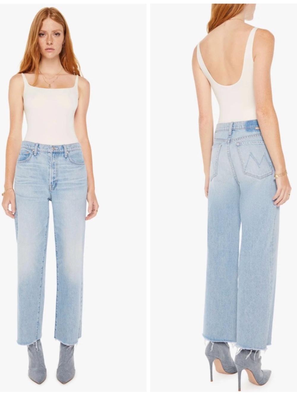 MOTHER Rambler Zip Ankle Fray Light Blue High-Rise Wide Leg Jeans - Picture 2 of 16